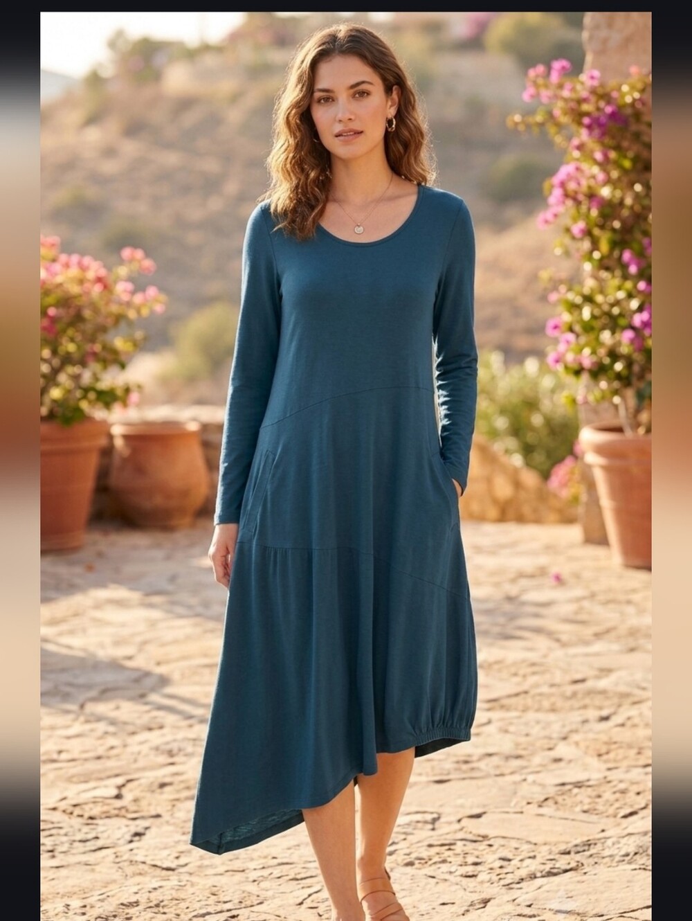 Peruvian Connection Pima Cotton Blend Blue Green Midi Asymetrical Dress XL